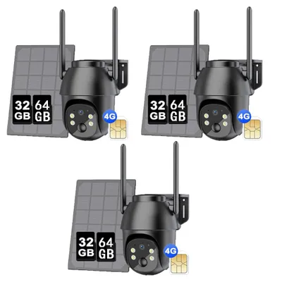 Produktbild von 4G LTE Überwachungskamera Aussen Solar mit SIM Karte, Ohne WLAN Outdoor, 2K 3MP, Farb/IR Nachtsicht, 2-Wege-Audio, 32&64GB 3 Pack