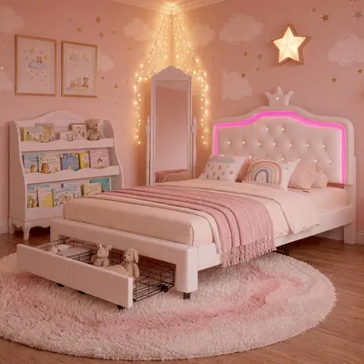 Zdjęcie produktu dla Łóżko dziecięce UnboxG 140x200 cm, białe – łóżko w stylu księżniczki z imitacji skóry (PU), z podświetlanym LED zagłówkiem, szufladą na nóżkach i stelażem, idealne dla dziewczynek