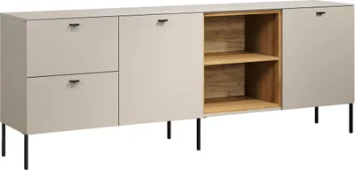 A lowboard with two drawers on the left and an open shelving unit on the right, all supported by black legs.