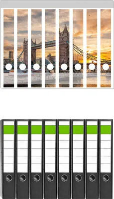 Produktbild von Wallario 8 Stück schmale Ordner inkl. Klebeetiketten mit Motive Tower Bridge - London bei Sonnenuntergang -  Set mit Rückenschildern / Ordnerrücken Stickern