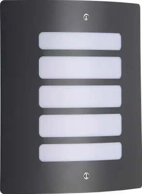 A close-up, front-facing view of a modern outdoor wall light fixture.