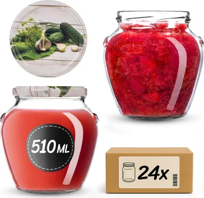 Zdjęcie produktu dla Słoiki do wekowania KADAX 510 ml z zakrętką fi82mm, słoiki z zakrętką, słoiki do wekowania, słoiki do przechowywania miodu, owoców i warzyw, słoiki do wekowania (ogórki konserwowe, 24 sztuki)