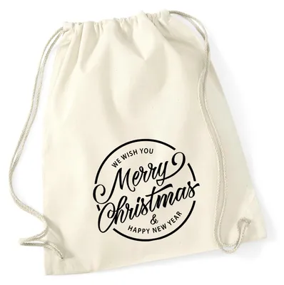 Produktbild von Huuraa Turnbeutel Merry Christmas Schriftzug 12 Liter Natural Baumwolle Rucksack Geschenkidee