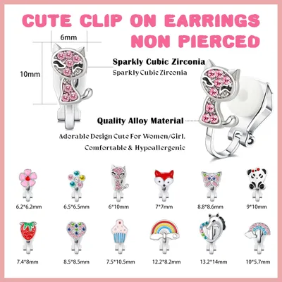 Imagen del producto de Pendientes tipo clip para niñas, 12 pares, con motivos coloridos de corazones, estrellas y flores, hipoalergénicos, a partir de 14 años