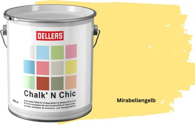 Produktbild von OELLERS Chalk 'N Chic Kreidefarbe Mirabellengelb 2,5L matt – für Shabby-Chic-Look & Vintage-Stil auf Holz, Beton, Raufaser, Gipskarton uvm.