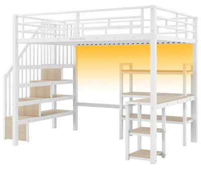 Produktbild von Hochbett mit RGB LED-Streifen, Schreibtisch, Treppe, Regal, Rausfallschutz, Lattenrost und USB, 140x200 cm, Kinderbett, Metallbett