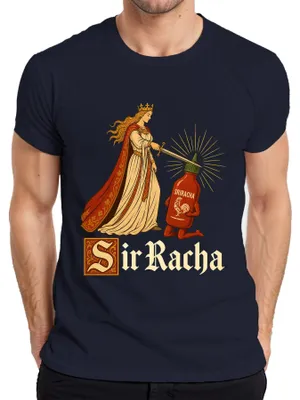 Immagine prodotto di Maglietta da uomo, blu scuro, con scritta "Sir Racha", "Scharfe Sauce Ritter Mittelalter Statement" (salsa piccante Sir Racha, cavalieri medievali, dichiarazione). Taglia S