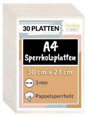 Produktbild von Creative Deco 30 x A4 Sperrholzplatte 3mm Pappelsperrholz | 300 x 210 (+/- 0,5) mm | Dünne Holz-Zuschnitte für Laubsäge, Brandmalerei, Laserschnitt, CNC