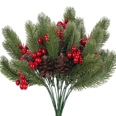 Produktbild von 4 künstliche Tannenzweige mit Tannenzapfen und Beeren, künstliche Beerenzweige für Weihnachten, Kränze und Girlanden