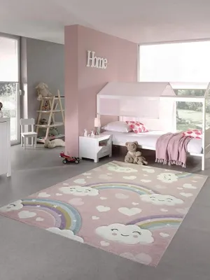 Imagen del producto de Alfombra infantil para habitación de niños, diseño de arcoíris con nubes y corazones, color rosa, tamaño 160x230 cm
