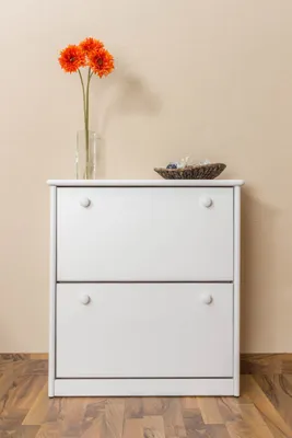 Produktbild von Schuhschrank aus weißem Holz mit 2 Laden, 80x72x29 cm (Höhe x Breite x Tiefe)