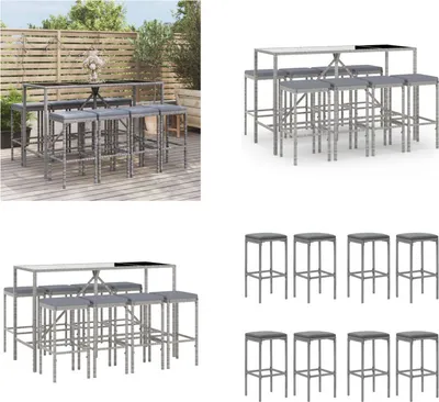 Immagine prodotto di vidaXL Set bar da giardino 9 pezzi con cuscini in poly rattan grigio - Set bar da giardino - Set bar da giardino - Set bar da giardino - Bar da giardino