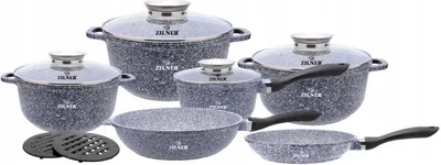 A set of cookware including pots, a frying pan, and a wok, arranged on a white background.