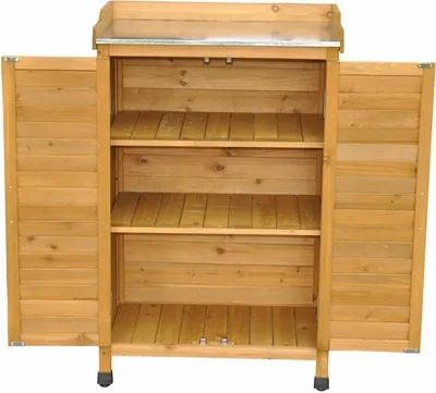 Produktbild von Wetterfester Gartenschrank aus braunem Kiefernholz, 66x102x41 cm, mit Zinkblech-Ablage und 2 verstellbaren Regalböden