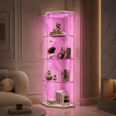 Productafbeelding van INONEFT Glazen vitrine met LED-verlichting en een 4-laags, vijfhoekig display, verzamelvitrine, vitrine, geschikt voor woonkamer, kantoor, wit