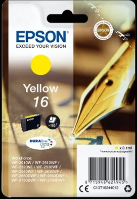 Produktbild von Epson Pen and crossword Singlepack Yellow 16 DURABrite Ultra Ink, Standardertrag, Gelb, Tinte auf Pigmentbasis, 3,1 ml, 1 Stück(e), 165 Seiten
