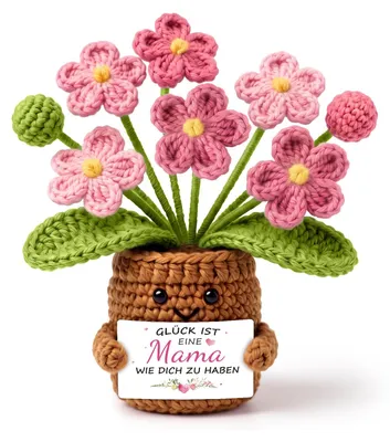 Handgehäkelte Blume mit Karte – Geschenk für Mama