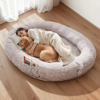 Immagine prodotto di VEVOR letto per cani e umani, 176x122x24 cm, letto per cani in memory foam a misura d'uomo, con tasca laterale, maniglia e cerniera, sfoderabile, lavabile in lavatrice, a pelo alto, grigio