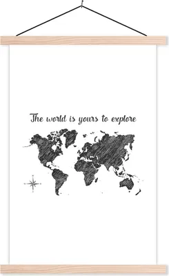 Produktbild von MuchoWow® Textilposter Weltkarte - Zitate - Schwarz - Weiß 60x90 cm mit holzfarbenen Rahmen - Textil