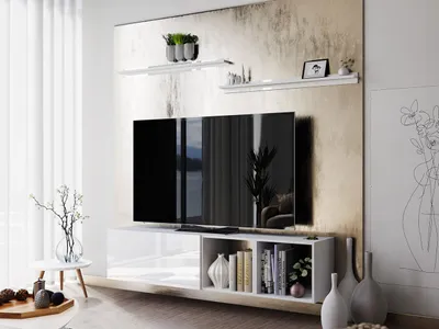 Image de Meuble TV suspendu SALADO – blanc / blanc brillant + 2 étagères ES