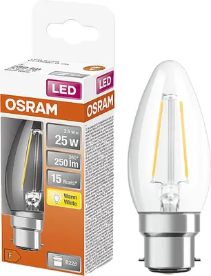 Produktbild von Osram LED Filament Leuchtmittel Kerze 2,5W = 25W B22d klar 250lm warmweiß 2700K