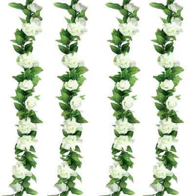 Zdjęcie produktu dla Zestaw 4 sztuk sztucznych girland kwiatowych, długość 245 cm, kolor biały, dekoracja róż, idealna na wesele, imprezę, do domu i ogrodu