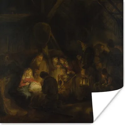 Produktbild von MuchoWow® Poster Anbetung der Hirten - Gemälde von Rembrandt van Rijn 75x75 cm - Wand Dekoration
