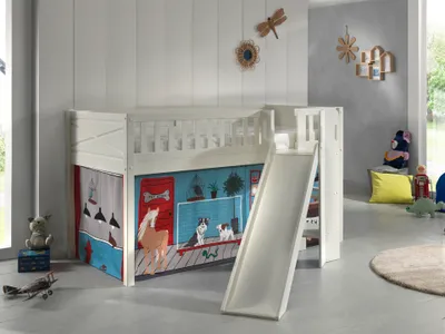 Produktbild von VIPACK - Spielbett SCOTT, LF 90 x 200 cm, mit Rolllattenrost, Rutsche, Leiter und Textilset "Pet Shop", weiß lackiert