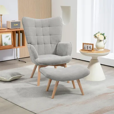 Produktbild von Sweiko Akzentsessel mit Hocker, Relaxsessel in Cord-Optik, Armlehnstuhl mit Holzbeinen, für Wohnzimmer, Grau