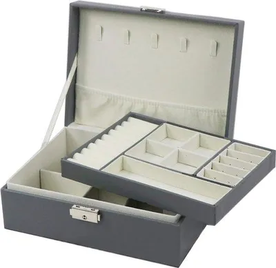 Imagen del producto de Caja de joyería Unyqoos® fabricada en cuero sintético (PU), con cierre con llave de metal, de doble capa con compartimentos extraíbles, dimensiones: 23 x 17 x 8,5 cm, color gris