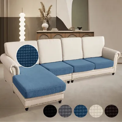 Produktbild von Sofa Überzug Jacquard Kariert L-förmig Sofa mit 3 Einzelsitz und 1 Chaiselongue, Sofa Bezug Gummiband rutschfest, Sitzkissen Bezug Elastisch Blau
