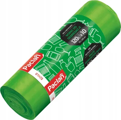 A roll of green trash bags with white illustrations of bottles and glasses.