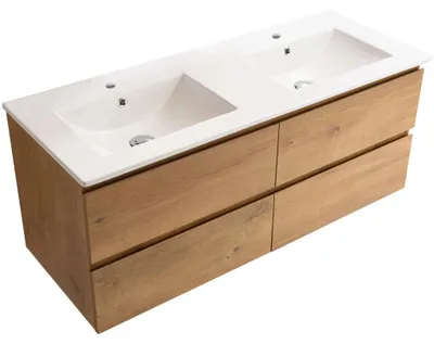 Obrázek produktu pro Koupelnová skříňka Carole - dub medový + keramické dvojumyvadlo Todo - bílá lesklá - 121x50x46,5 cm