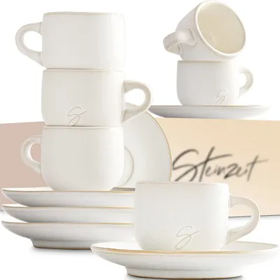 Produktbild von Steinzeit Design Espressotassen (6x80ml) - Espressotassen Set mit passenden Untertassen - Espressokaffeetassen aus 100% Handfertigung - stapelbare Mokkatassen in Weiß