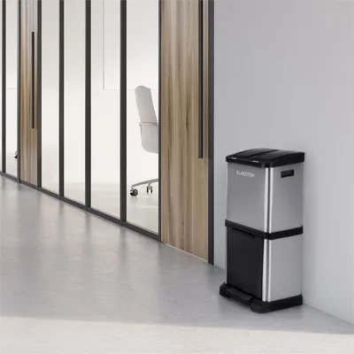 Obrázok produktu pre Klarstein Ökosystem², odpadkový kôš, separátor odpadu, pedálový kôš, recyklačný kôš, 30 l, 3 nádoby, otváranie tlačidlom a nožným pedálom, vežový dizajn, PE, nehrdzavejúca oceľ, strieborno-čierna farba