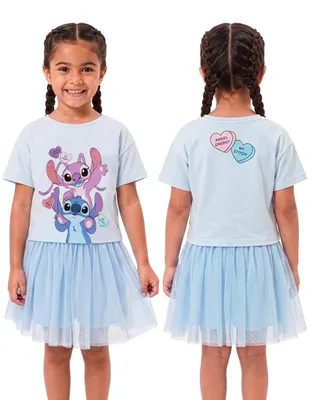 Produktbild von Disney Lilo & Stitch Mädchen T-Shirt & Rock, Angel & Stitch Mädchen Outfit-Set, Glitzernde Sommerkleidung für Kinder 110