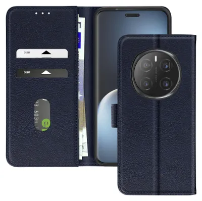 A dark blue wallet-style phone case for a Honor Magic 7 Pro, shown open with cards and cash inside, and the phone inserted.