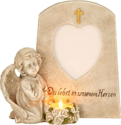 Produktbild von Grabschmuck Figur Engel neben Trauerstein mit Aufschrift Gartenfigur