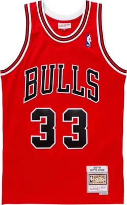 A red Chicago Bulls basketball jersey with the number 33 and the name Pippen on the back.