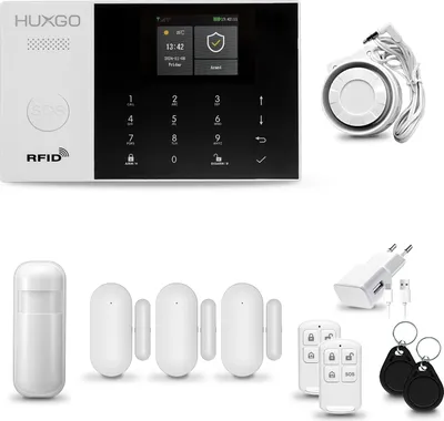 Produktbild von HUXGO HXA005 Alarmanlage Haus WiFi + GSM 4G mit Sirene, Alarm System mit 1x Bewegungssensor und 3x Tür- Fenstersensor, Alarmanlage für Wohnung, Haus, Garage, Tuya Smartlife App