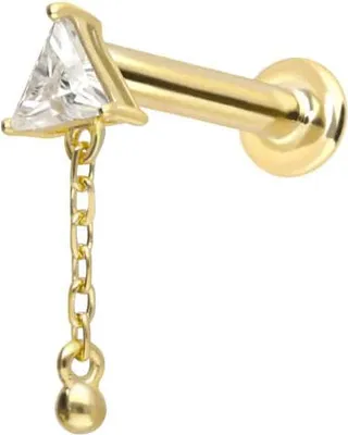 Produktbild von Ohrpiercing, Nasenpiercing 14 Karat Gold Labret mit Innengewinde MOISSANIT-DREIECK + KETTE 14 Karat | Gold Stablänge: 8mm - Stabstärke: 1,2mm