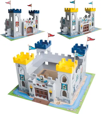 Three toy castles are displayed against a white background. The largest castle is in the foreground, with two smaller castles in the background.