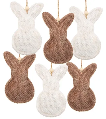 Produktbild von 6 Osterhasen Anhänger Stoffhasen Dekoration Hase weiß braun mit Bommel 12 cm