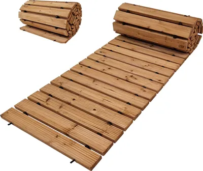 Produktbild von Holzpfad ausrollbar 250x43x2 cm rustikales Tannenholz Anti-Rutsch Oberfläche wetterfester Holzweg