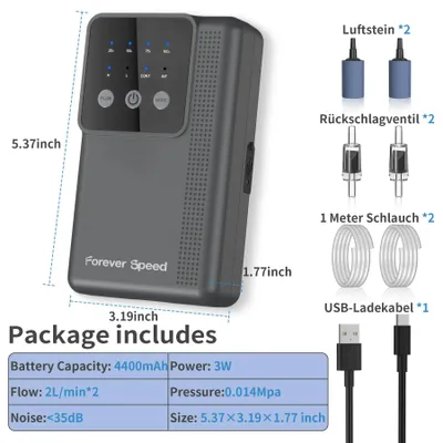 Produktbild von USB-Aquariumbelüfter 3 W mit 4400 mAh Akku, 2 × 2 l/min, einstellbarer Luftstrom, AC/DC, für Aquarium und Angeln