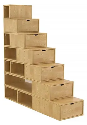Produktbild von Treppenregal Honig Holz 175x50 cm, platzsparend, mit Aufbewahrungswürfeln