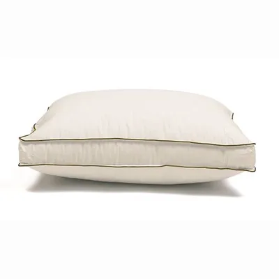 A white pillow with a dark trim is shown against a white background.