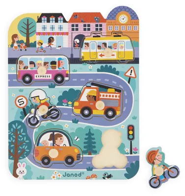 Produktbild von Janod Steckpuzzle - Holz Stadtpuzzle mit Fahrzeugen für Kleinkinder