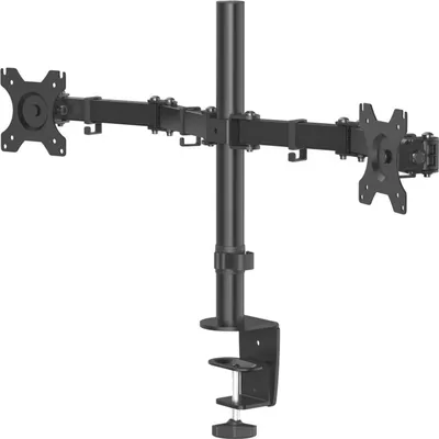 A black dual monitor mount with a clamp base, shown against a white background.
