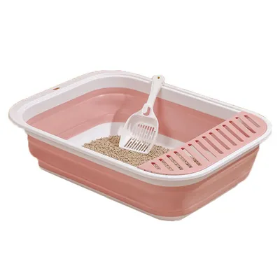 Imagen del producto de Caja sanitaria plegable para gatos, práctica e higiénica, de color rosa